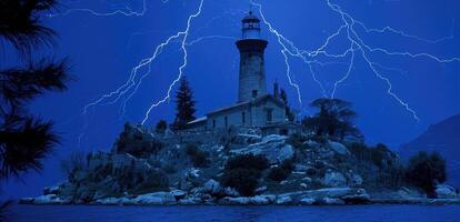 A lighthouse on a rocky island with lightning in the sky photo
