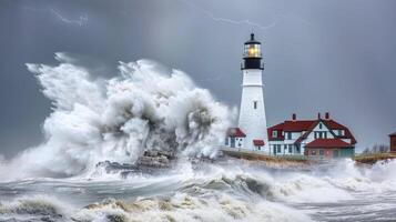 A lighthouse is surrounded by waves and a storm photo