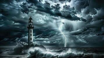 A lighthouse in the middle of a stormy sea photo