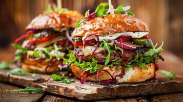 Two hamburgers with cheese and vegetables on a wooden board photo