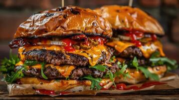 Two large hamburgers with cheese and bacon on top photo