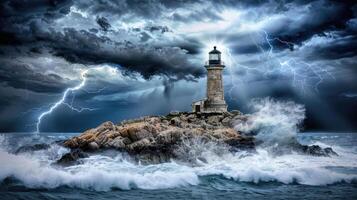 Stormy sea with lighthouse and lightning photo