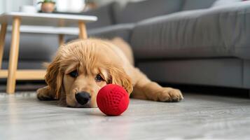 A dog laying on the floor with a red ball photo