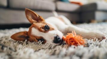 A small dog playing with a toy on the floor photo