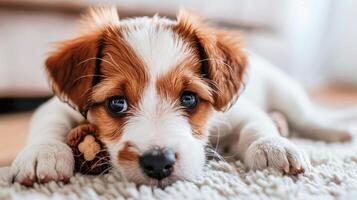 A small brown and white dog laying on a rug photo