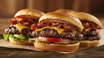 Three hamburgers with cheese, bacon and tomatoes photo