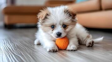 A small white and brown puppy playing with an orange ball photo