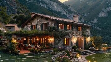 A stone house with a garden in front of a mountain photo