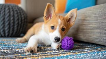 A puppy playing with a purple ball on a rug photo