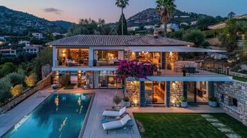 A luxury villa with a pool and a view of the mountains photo