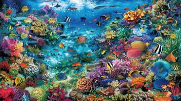 A colorful underwater scene with many different types of fish photo