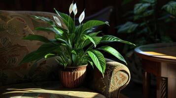A plant sitting on a chair next to a table photo