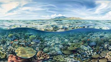 A painting of an underwater scene with coral and fish photo