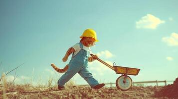 A cat in overalls and a hard hat is walking with a wheelbarrow photo