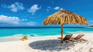 Two lounge chairs and a thatched umbrella on a beach photo