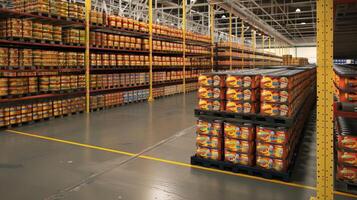 A large warehouse with shelves full of food photo