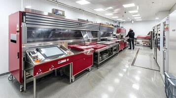 A large kitchen with a large red machine photo