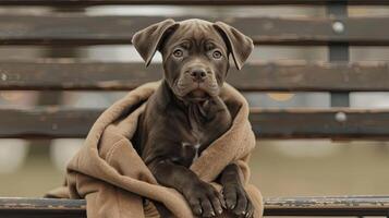 A brown dog wrapped in a blanket sitting on a bench photo