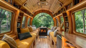 The inside of a train with a couch and bookshelves photo