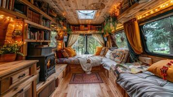 The inside of a bus with a couch and bookshelves photo