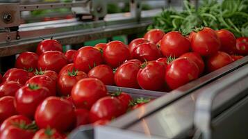 Tomatoes are being sorted on a conveyor belt photo