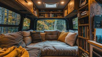 A couch in the back of a van with books and a window photo