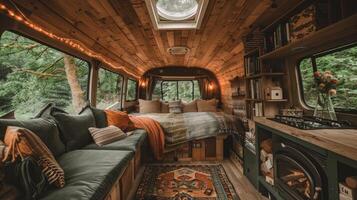 A bus with a bed and couch in it photo