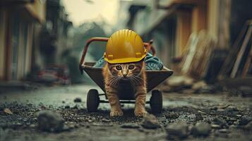 A cat wearing a hard hat and carrying a wheelbarrow photo