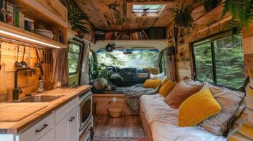 The inside of a tiny home with a couch and a kitchen photo