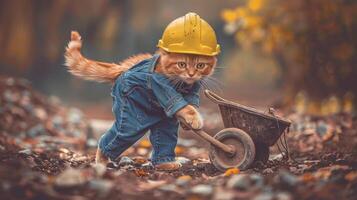 A cat wearing a hard hat and carrying a wheelbarrow photo