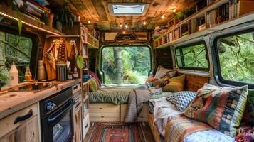 The inside of a van with a couch and bookshelves photo