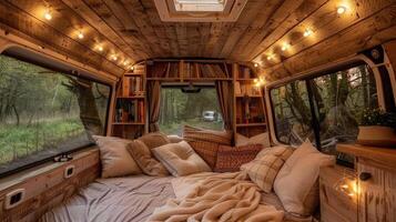 A bed in the back of a van with lights photo