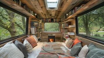 A bed in a tiny bus with bookshelves photo