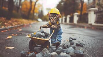 A kitten in a hard hat and overalls carrying a wheelbarrow photo