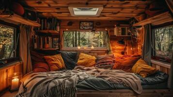 A bed in a van with a window and a lamp photo