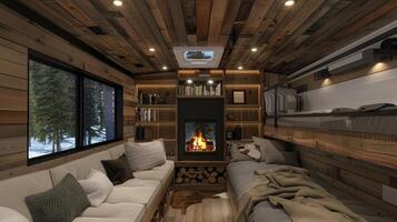 A living room with a fireplace and couch photo