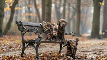A dog sitting on a bench in the woods photo