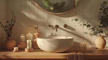 A bathroom with a white bowl and candles photo