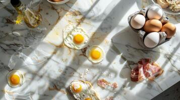 Eggs, bread, ham, and other ingredients are on a marble counter photo