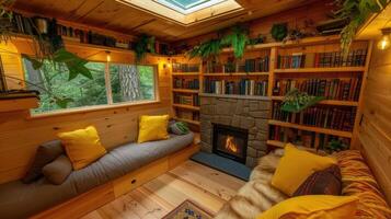 A living room with a fireplace and bookshelves photo