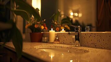 A bathroom sink with candles and a plant photo