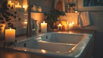 A bathroom sink with candles lit up in the background photo