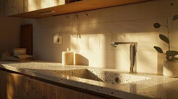 A kitchen sink with a vase of flowers on it photo