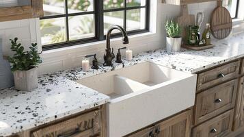 A kitchen sink with a window and a counter top photo