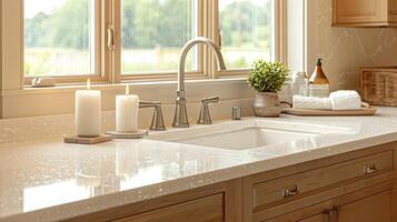 A kitchen with a sink and a window photo