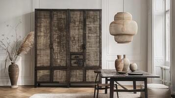 A dining room with a wooden cabinet and a vase photo