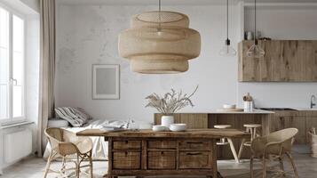 A kitchen with wooden cabinets and a table photo