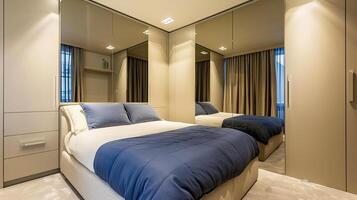 A bedroom with a bed and a mirror photo
