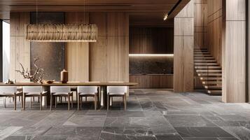 A modern dining room with a wooden table and chairs photo