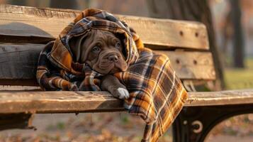 A dog is wrapped in a blanket on a park bench photo